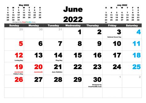 Printable June 22 Calendar
