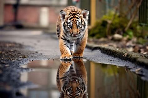 Premium Ai Image Baby Tiger Walks Through The Puddle Reflection