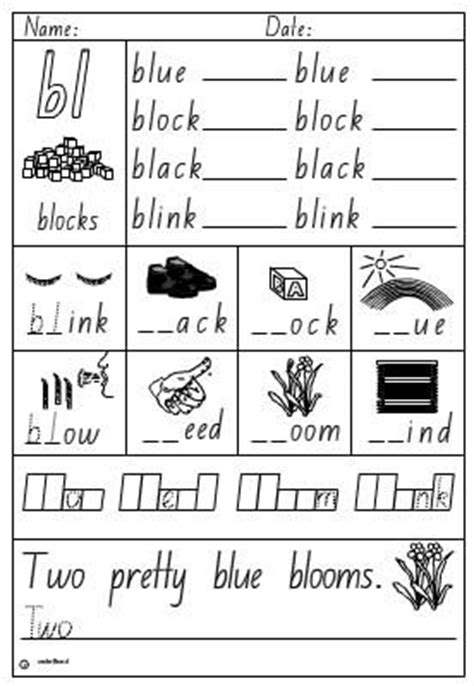 This phonics worksheet has nine pictures with a line under each one so the students can write the appropriate word for each picture using the word bank at the bottom. Activity Sheet- Blend bl, English skills online, interactive activity lessons