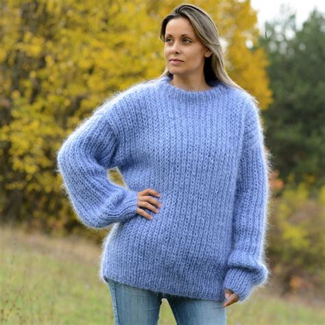 New Blue Gray Hand Knit Mohair Ribbed Sweater Crew Neck Fuzzy Pullover
