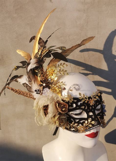 Blackgoldivory Feathered Masquerade Venetian Carnival Mask Etsy