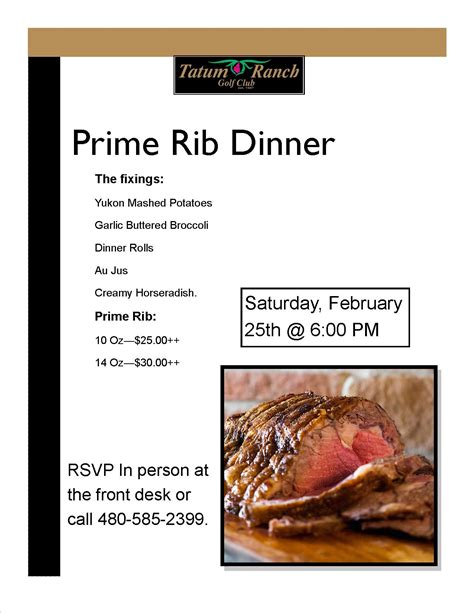 Pair this classic holiday main dish with mashed potatoes, creamed spinach, cauliflower gratin, and more. Prime Rib Dinner | Tatum Ranch Golf Club | 2017-02-25