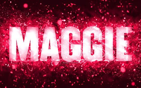 Download Wallpapers Happy Birthday Maggie 4k Pink Neon Lights Maggie