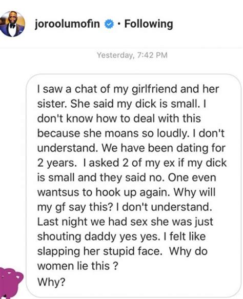 my girlfriend who moans loud during sex told her sister my dick is small man cries out