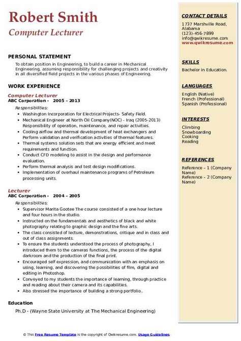 Review curriculum vitae samples, learn about the difference between a cv and a resume, and glean tips and advice on how to write a cv.our writers by higher education 1.sample cv for lecturer position in university pdf / computer science cover letter free downloadable sample rg.step 3. Lecturer Resume Samples | QwikResume