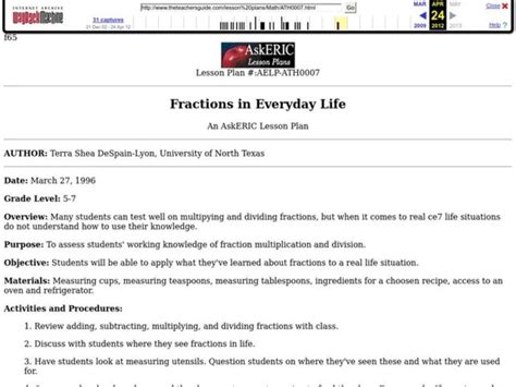 Fractions In Everyday Life Lesson Plan For 5th 7th Grade Lesson Planet