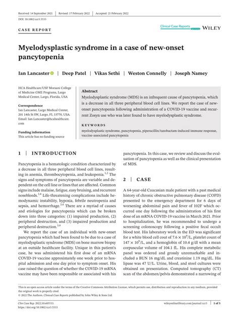 PDF Myelodysplastic Syndrome In A Case Of Newonset Pancytopenia