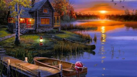 House Lake Sunset Wallpaper 08453