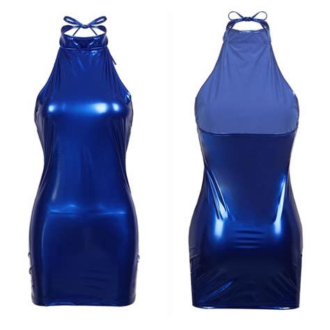 Buy Womens Patent Leather Halter Neck Sleeveless Mini Dress Bodycon