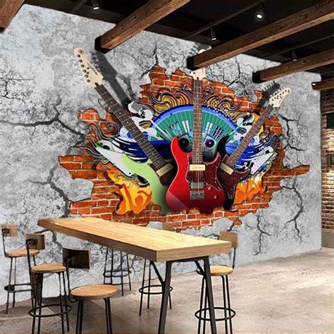 Buy Custom 3d Murals Wallpaper Guitar Rock Graffiti Art Broken Brick Wall Ktv