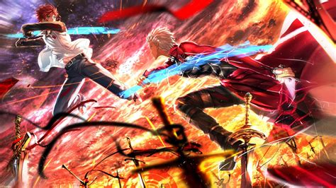 X Resolution Two Anime Fighting With Blue Swords Illustration Anime Fate Stay Night