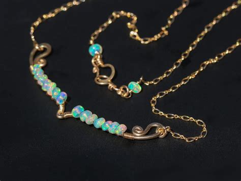 Solid Gold 14K Ethiopian Opal Gemstone Bar Necklace Valltasy