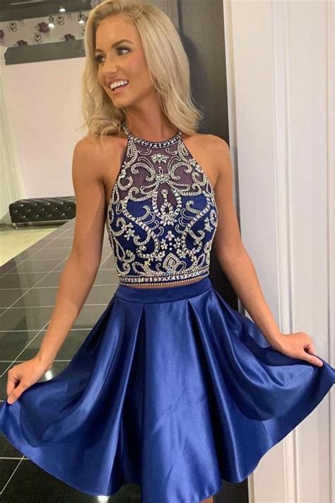 Beaded Navy Blue Two Piece Prom Dress Short Homecoming Dresses By