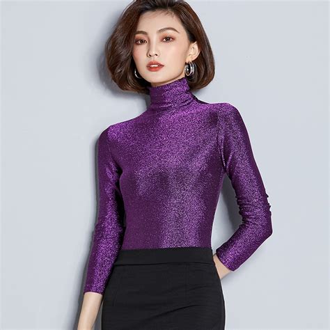 Fashion Women Slim Elegant Turtleneck Solid Color Bright Silk Shirts