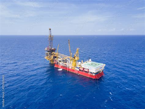 Aerial View Of Tender Drilling Oil Rig Barge Oil Rig In The Middle Of