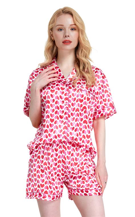 Women S Silk Satin Pajama Set Short Sleeve Pink Hearts Tony And Candice