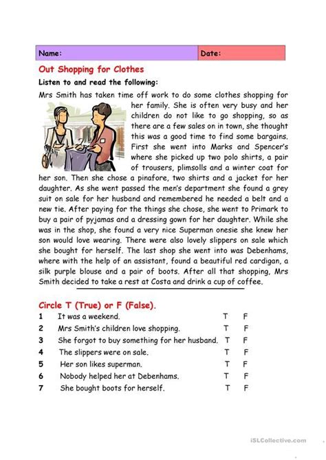 Out Shopping for Clothes | Reading comprehension worksheets, Reading