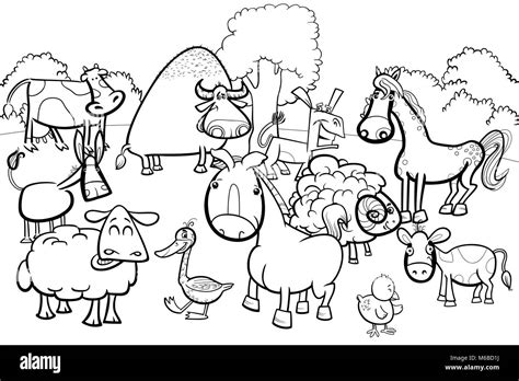 Ilustración caricatura en blanco y negro de animales de granja lindo