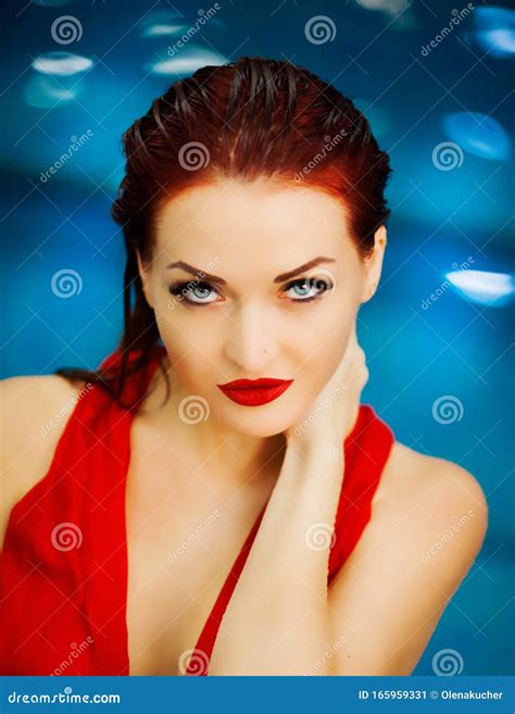 Beautiful Girl In The Pool In A Red Dress Stock Image Image Of Float