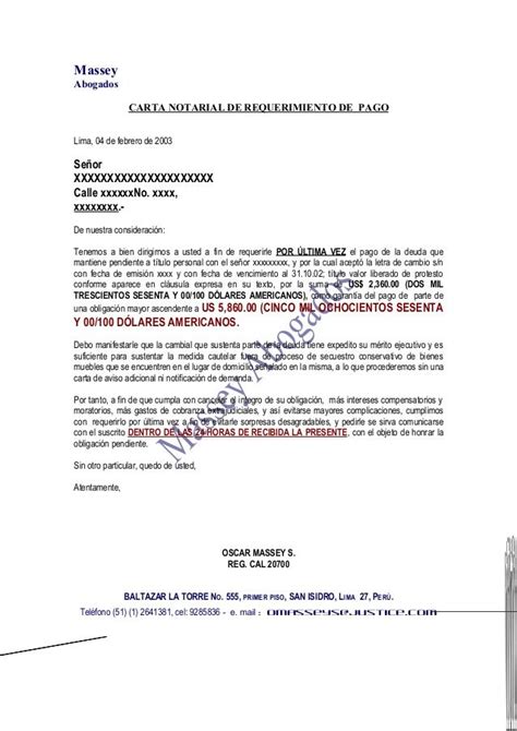 Modelo De Carta Notarial De Requerimiento De Pago By Massey Abogados