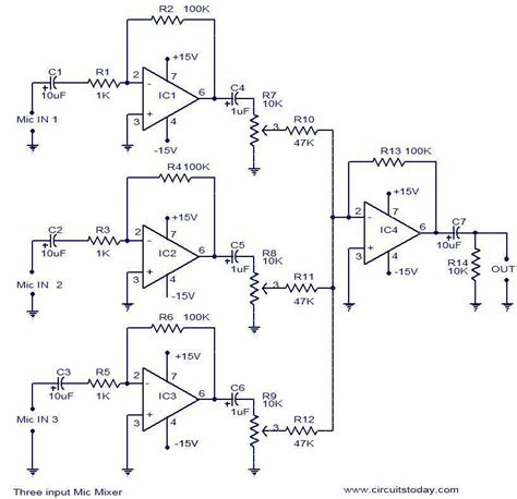 Circuit diagram of multi channel audio mixer using lm3900 3 Input mic mixer circuit