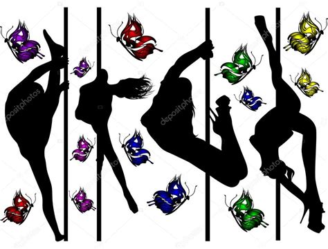 Set Of Black Silhouettes Of Dancing Girls Strip And Bright Butterflies — Stock Vector