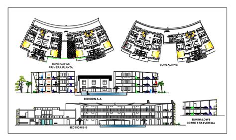 Plan And Exterior Elevation Of A 3 Floored Hotel Dwg File Cadbull