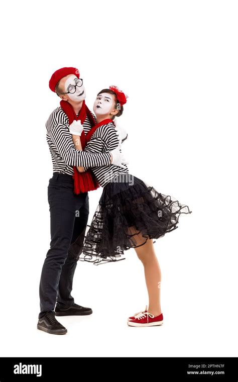 Smiling Mimes In Striped Shirts Man And Woman Dressed As Actors Of