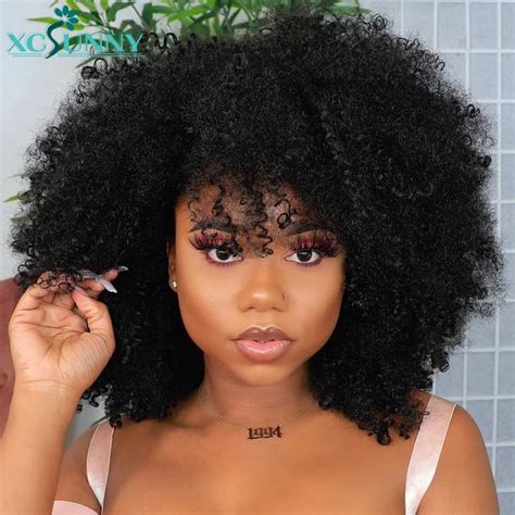 Get Afro Kinky Curly Wig Human Hair Wigs With Bangs 200 Density Remy Brazilian Full Machine Made