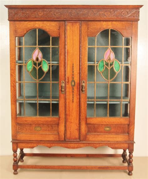 Oak Bookcase With Leaded Light Glass Doors 305902 Uk