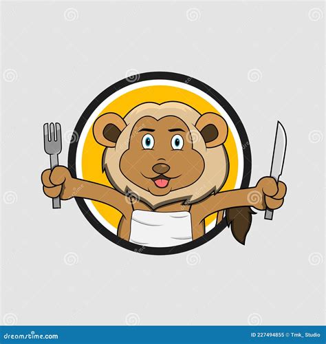 Lion Head Circle Label With Fork And Knife Stock Vector Illustration