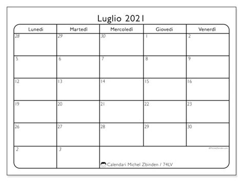 Ideale per l'uso come calendario per la scuola, il calendario per la chiesa e per la programmazione. Calendari luglio 2021 "Lunedi - Domenica" - Michel Zbinden IT