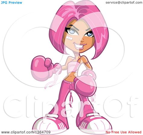 Clipart Of A Cartoon Tough Caucasian Woman Decked Out In Pink Wearing Boxing Gloves And