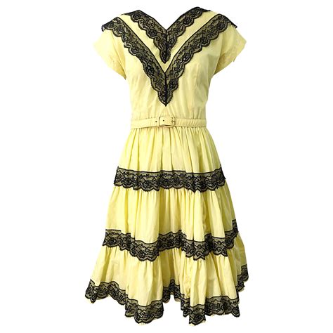 1950s Bettina Of Miami Yellow Black Cotton Lace Fit N Flare Vintage