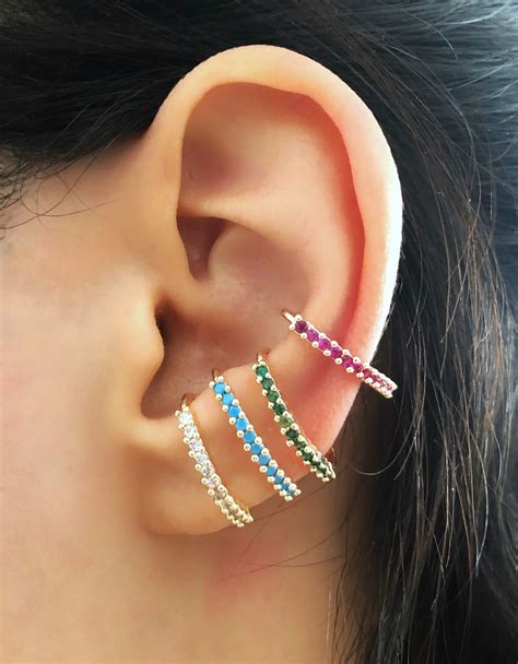 Thin Colorful Ear Cuff Multi Color Crystal Ear Wrap Ruby Etsy Uk