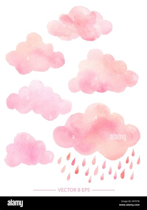 Vector Cute Pink Watercolor Clouds With Rain Set Of Watercolor
