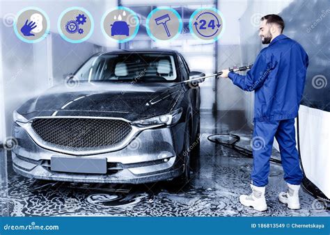 Car Wash Full Service Related Icons Man Cleaning Automobile With