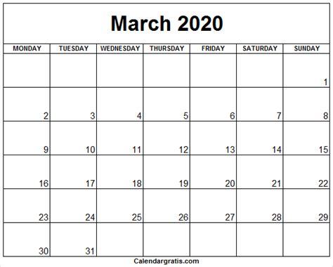 Printable March 2020 Calendar Holidays Template Excel Png Pdf Word