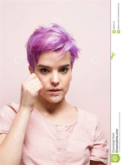 Violet Short Haired Woman In Pink Pastel Stock Photo Image Of Hairdo