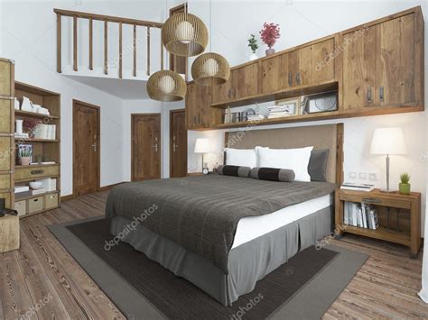 Bedroom Loft Style With Wooden Furniture And White Walls Stock Photo