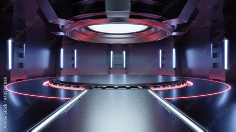Empty Light Red Studio Room Futuristic Sci Fi Big Hall Room With Lights