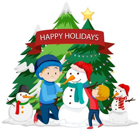 Christmas Theme With Many Kids And Snowman Stock Vector Illustration