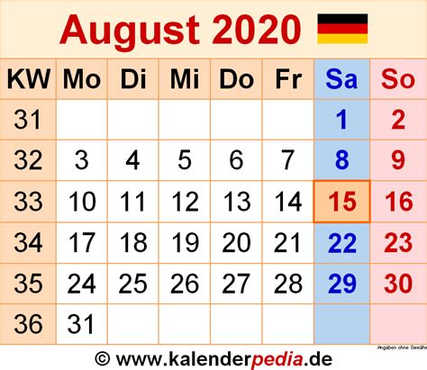 Die 52 kalenderwochen des jahres 2020 mit den feiertagen für deutschland. Kalender August 2020 als PDF-Vorlagen