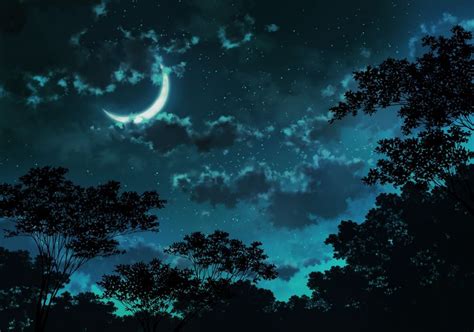 Anime Landscape Moon Clouds Stars Night Wallpaper