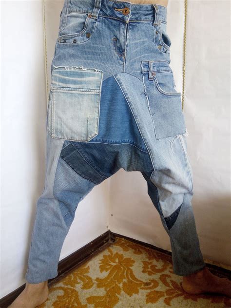 denim unisex harem pants from recycled jeans trend 2019 etsy upcycled fashion upcycle jeans