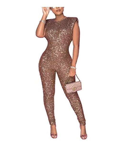 Buy Thlai Women Sexy Glitter Sequins Sparkling Jumpsuits Sleeveless Metallic Shiny One Piece