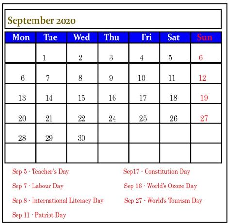 Includes 2020 observances, fun facts & religious holidays: September 2020 Public Holidays Calendar in 2020 | Holiday ...