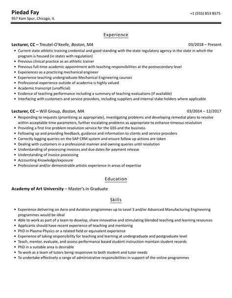 Lecturer Cc Resume Samples Velvet Jobs