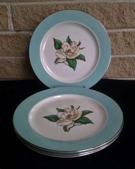 Vintage hearthside stoneware garden festival dinner plate highland flowers oven proof microwave safe dishwasher safe measurements: Lifetime China Turquoise Dinner Plates Magnolia Flower and ...