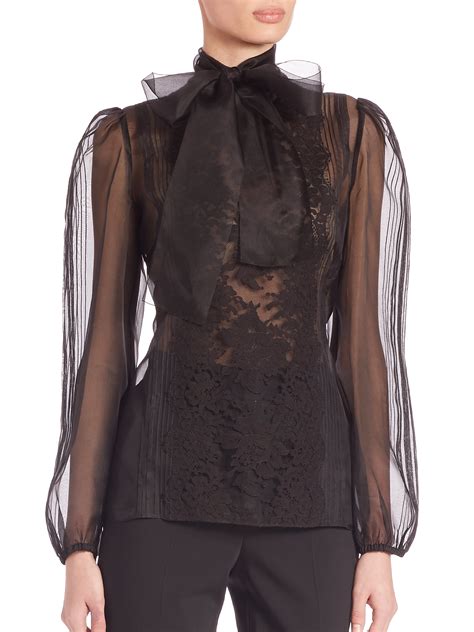 Dolce And Gabbana Lace Organza Tie Neck Top In Black Lyst